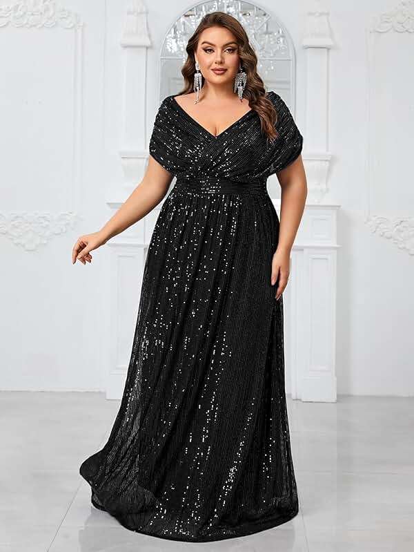 Giffniseti Women's Plus Size V Neck Sequin Formal Maxi Dress A-Line Prom Evening Party Gowns - Image 2