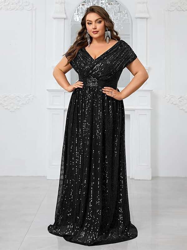 Giffniseti Women's Plus Size V Neck Sequin Formal Maxi Dress A-Line Prom Evening Party Gowns - Image 4