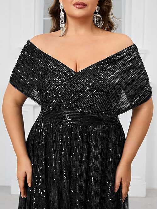 Giffniseti Women's Plus Size V Neck Sequin Formal Maxi Dress A-Line Prom Evening Party Gowns - Image 5