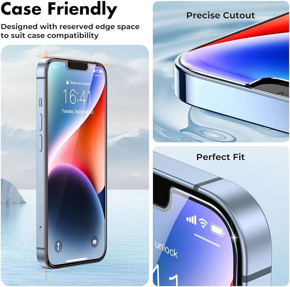 UNBREAKcable 3-Pack Screen Protector for iPhone 17e/16e/14/13 Pro/13, Double Shatterproof Tempered Glass [Easy Installation Frame] [9H Hardness] [99.99% HD Clear] [Bubble Free] [Touch Sensitive] - Image 6