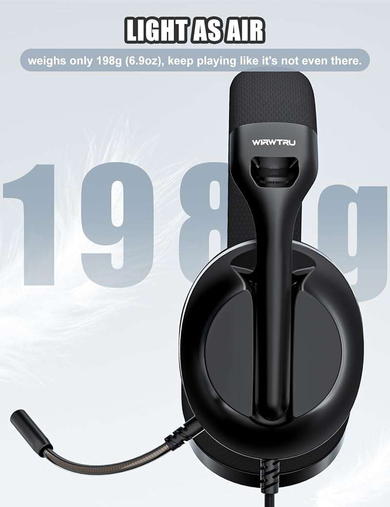 WIRWTRU S30 Gaming Headset with Microphone,198g Lightweight Design, Wired Gaming Headphones for Xbox, Xbox Series X|S, PS5, PS4, Switch, PC, Noise Cancelling Mic, Soft Earmuffs (Black) - Image 2