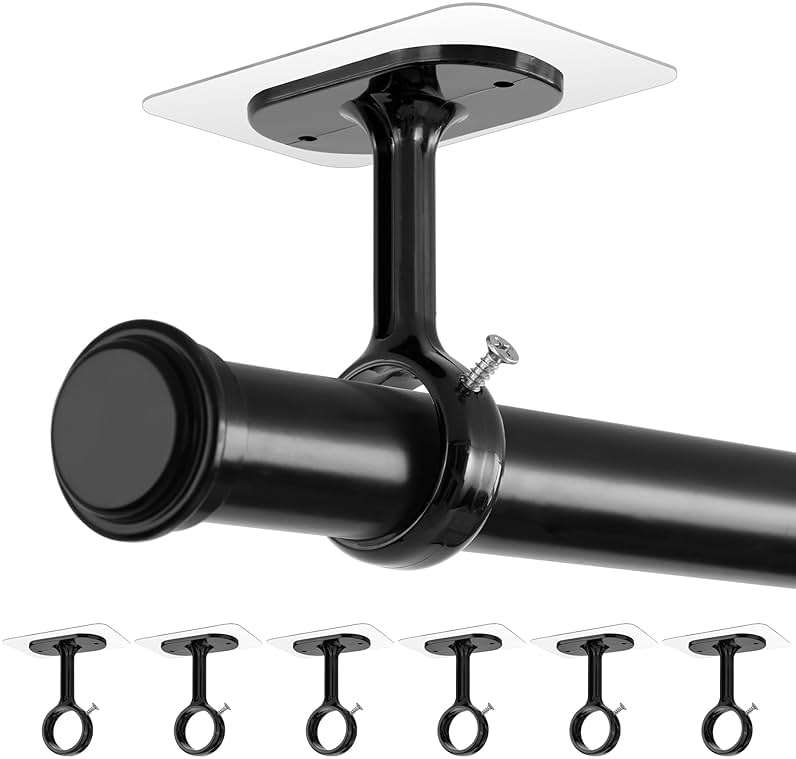 MUAKIOY No Drill Curtain Rod Brackets, (6 Pack) Ceiling Mount Self Adhesive Rod Holder No Screw, Heavy Duty Curtain Hooks Hanging 1.2" Dia Curtain Rods for Bathroom Bedroom Kitchen - Image 1
