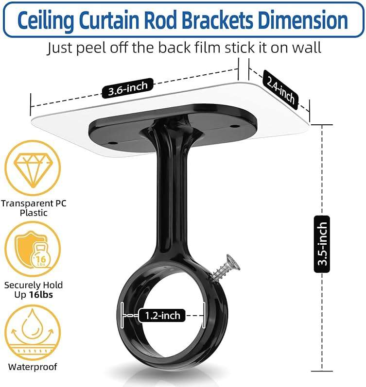 MUAKIOY No Drill Curtain Rod Brackets, (6 Pack) Ceiling Mount Self Adhesive Rod Holder No Screw, Heavy Duty Curtain Hooks Hanging 1.2" Dia Curtain Rods for Bathroom Bedroom Kitchen - Image 2