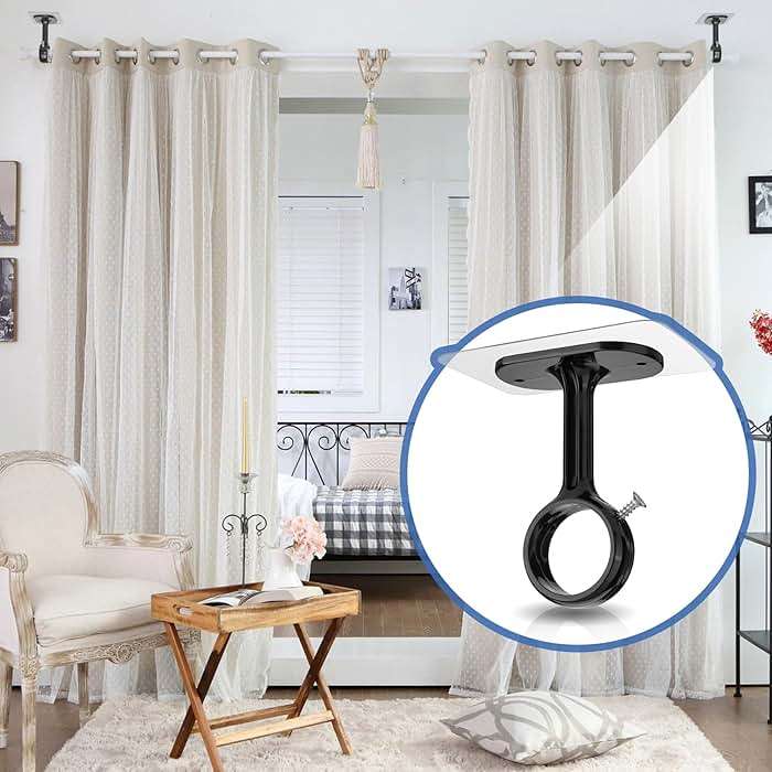 MUAKIOY No Drill Curtain Rod Brackets, (6 Pack) Ceiling Mount Self Adhesive Rod Holder No Screw, Heavy Duty Curtain Hooks Hanging 1.2" Dia Curtain Rods for Bathroom Bedroom Kitchen - Image 3