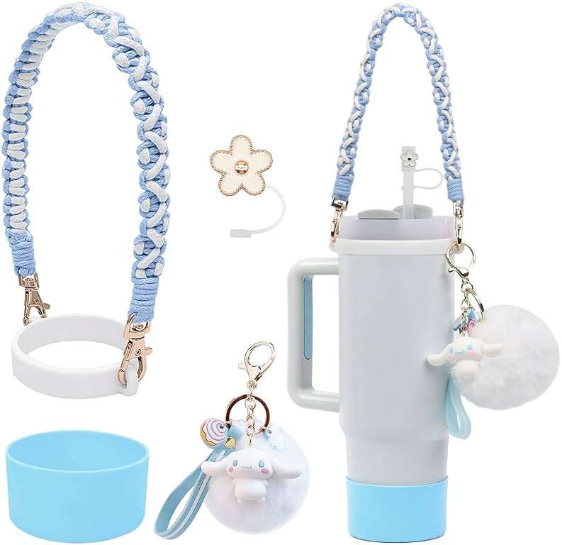 HATOTO Stanley Cup Accessories Set, Cute Kawaii Pom Pom Design Water Bottle Handle Strap, Silicone Boot, Charms for 30/40oz Tumble - Image 1