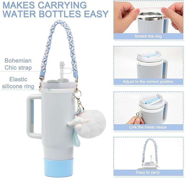 HATOTO Stanley Cup Accessories Set, Cute Kawaii Pom Pom Design Water Bottle Handle Strap, Silicone Boot, Charms for 30/40oz Tumble - Image 2