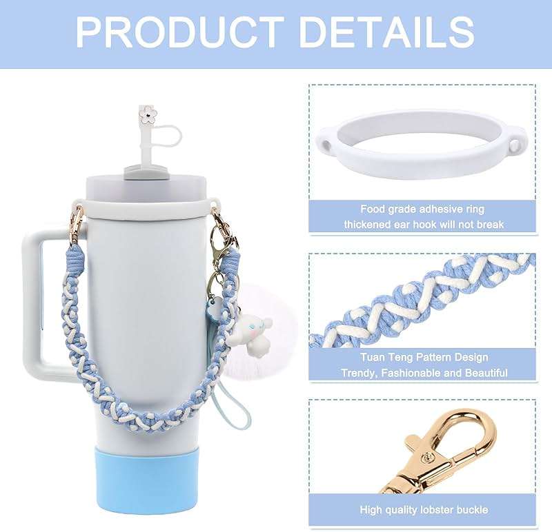 HATOTO Stanley Cup Accessories Set, Cute Kawaii Pom Pom Design Water Bottle Handle Strap, Silicone Boot, Charms for 30/40oz Tumble - Image 4