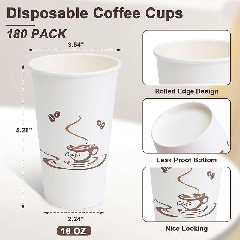 Lamosi Coffee Cups 16 oz 180 Pack, Disposable Paper Cups for Hot or Cold Drinks, Insulated Leakproof Cup for Cafe, Office, hotel and Home - Image 3