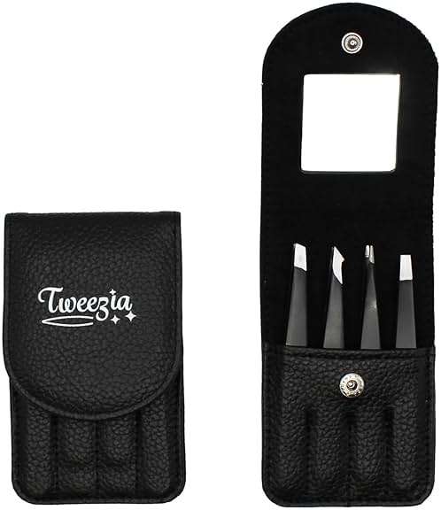 TWEEZIA Stainless Steel Tweezer Set - 4 Precision Tweezers with Mirror & Leather Case - Ideal Eyebrow Kit, Ingrown Hair Tweezers, Splinter Removal Kit or Pointed Tweezers for Beauty and Personal Care - Image 1
