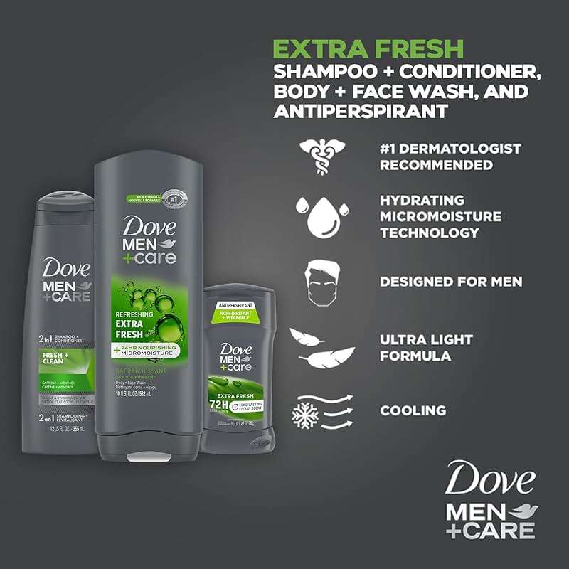 Dove Men + Care Bundle – Extra Fresh Body Wash & 72H Deodorant + Fresh + Clean 2-in-1 Shampoo and Conditioner, Citrus Scent (3 Piece Set) - Image 6