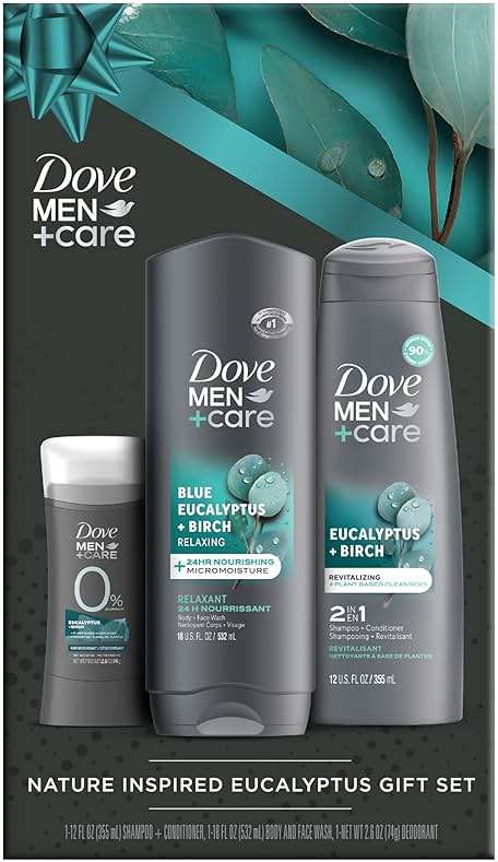 Dove Men+ Care Shower Essentials – Relaxing Body + Face Wash, Blue Eucalyptus + Birch and Revitalizing 2-in-1 Shampoo, Eucalyptus + Cedar - Image 1