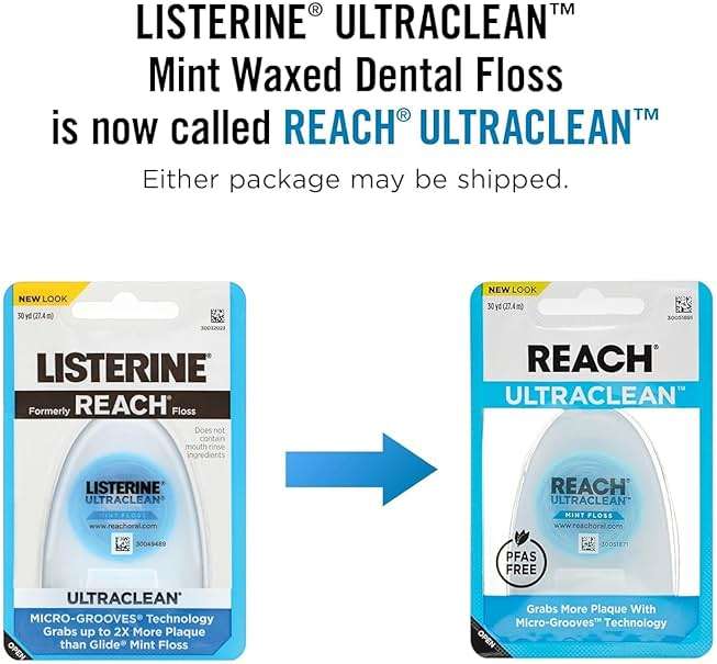 Reach Listerine Ultraclean Dental Floss, Plaque Remover, Shred Resistant, Waxed, Gentle on Gums & Teeth, Mint, PFAS-Free, Fresh Breath, Oral Care, for Adults & Kids, 30 yds - Pack of 2 - Image 2