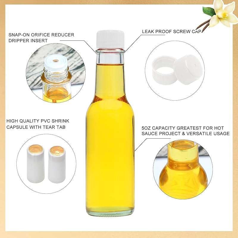 Hot Sauce Bottles 5 oz, Clear Woozy With Shrink Capsules, Small Wine Making With Lids for Bottling, Empty 5oz Glass Vanilla Extract With White Caps Set of 4 - Image 3