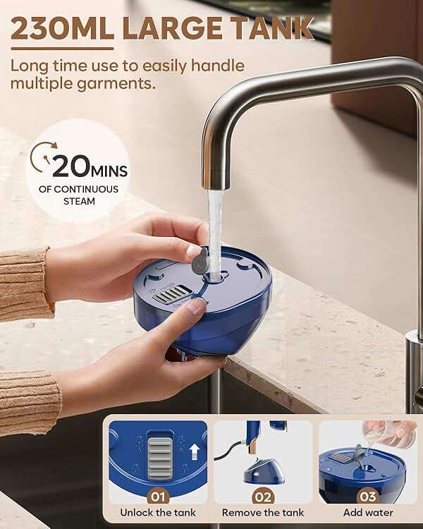 CPWORLD Steamer for Clothes, Travel Steamer & Iron 2-in1, Handheld Clothes Steamer-20s Heat-up, 230ml Large Tank, 180° Rotatable Handle, 1050W Portable Garment Steamer with Storage Bag, Only for 120V - Image 5