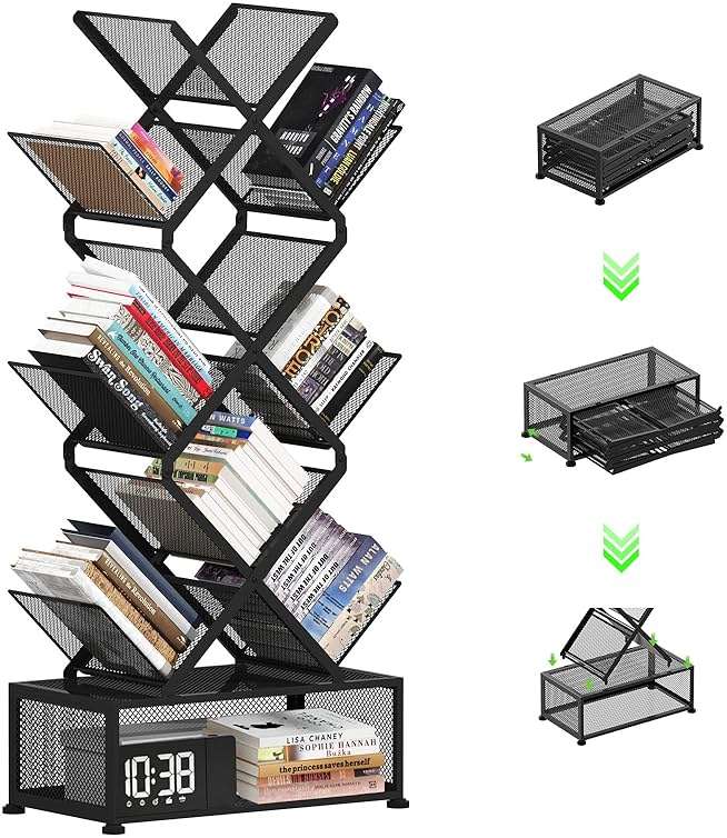 Gintan 9-Tier Space Saving Book Shelf with Storage,Bedroom Shelves Folding Bookshelves,No Installation Required Shelf Tree Metal Bookshelf for Living Room,Study,Home Office,Bed Room (Black) - Image 1