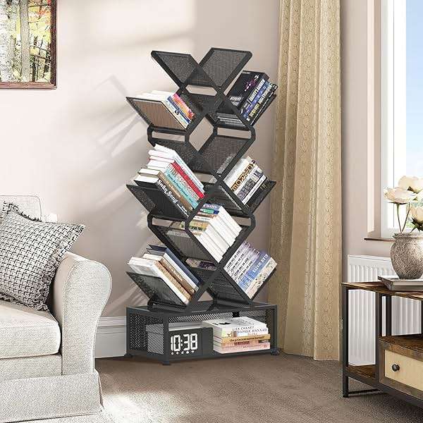 Gintan 9-Tier Space Saving Book Shelf with Storage,Bedroom Shelves Folding Bookshelves,No Installation Required Shelf Tree Metal Bookshelf for Living Room,Study,Home Office,Bed Room (Black) - Image 2