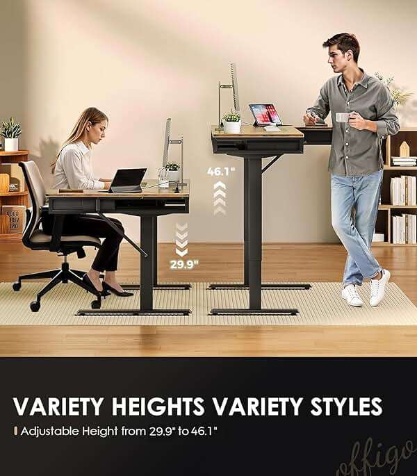OffiGo 63 Inch L Shaped Electric Standing Desk with Drawers, Height Adjustable Large Desk with Power Outlets, Sit Stand Table, Writing Computer Desk for Home, Office, Workstation, Rustic Brown - Image 4