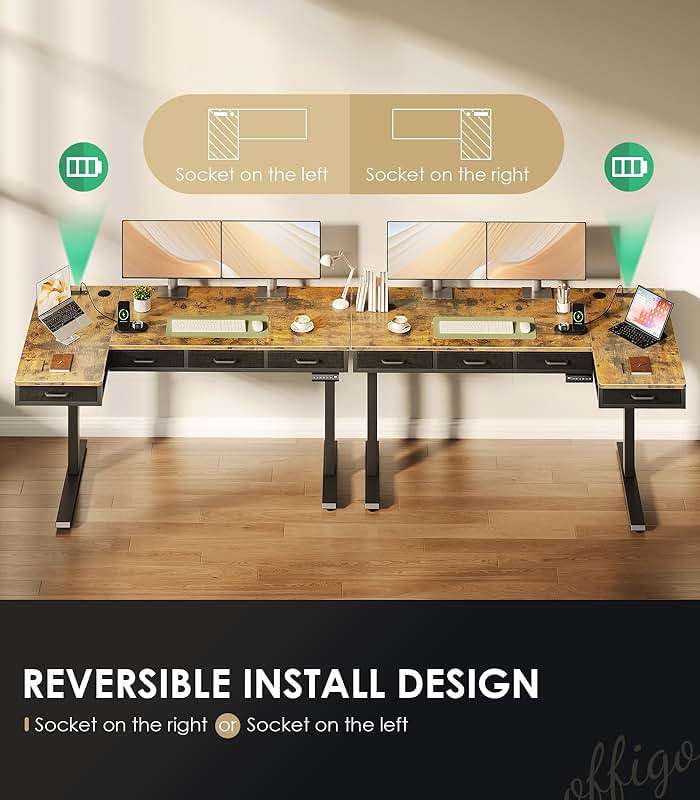 OffiGo 63 Inch L Shaped Electric Standing Desk with Drawers, Height Adjustable Large Desk with Power Outlets, Sit Stand Table, Writing Computer Desk for Home, Office, Workstation, Rustic Brown - Image 6