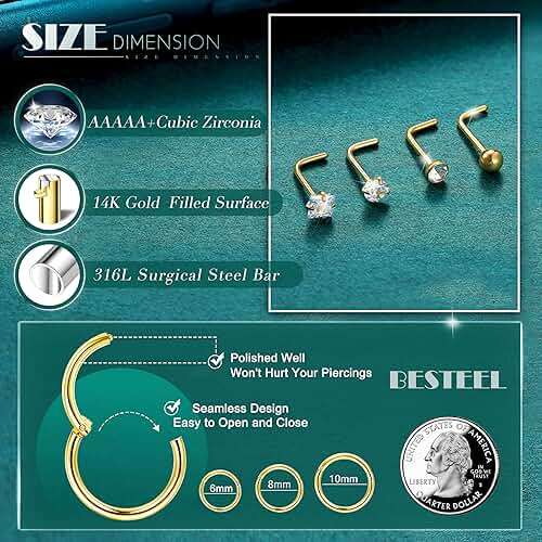 18G Nose Rings Hoops and 20G Nose Studs for Women Men Hypoallergenic 316L Surgical Stainless Steel Clicker Hinged Segment Nose Rings Hoops Ball CZ L-Shape Nose Studs Nostril Piercing Jewelry - Image 3