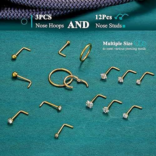 18G Nose Rings Hoops and 20G Nose Studs for Women Men Hypoallergenic 316L Surgical Stainless Steel Clicker Hinged Segment Nose Rings Hoops Ball CZ L-Shape Nose Studs Nostril Piercing Jewelry - Image 6