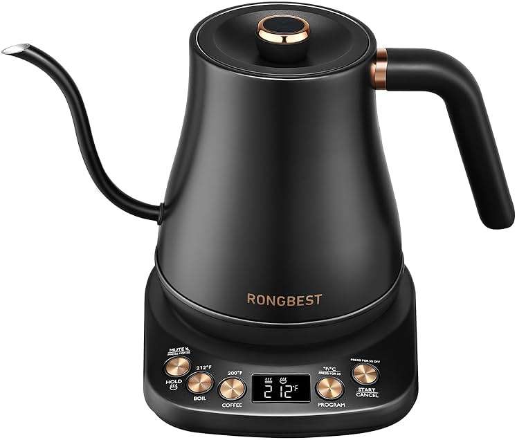 RONGBEST Electric Gooseneck Kettle 1L, 6 Temperature Control Presets, 1200W Quick Heating Water Pour Over Coffee & Tea Pot with Auto Shut-off & Keep-warm, Stainless Steel Inner & Lid, Matte Black - Image 1