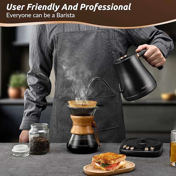 RONGBEST Electric Gooseneck Kettle 1L, 6 Temperature Control Presets, 1200W Quick Heating Water Pour Over Coffee & Tea Pot with Auto Shut-off & Keep-warm, Stainless Steel Inner & Lid, Matte Black - Image 2