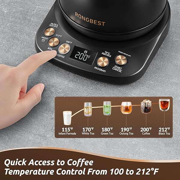 RONGBEST Electric Gooseneck Kettle 1L, 6 Temperature Control Presets, 1200W Quick Heating Water Pour Over Coffee & Tea Pot with Auto Shut-off & Keep-warm, Stainless Steel Inner & Lid, Matte Black - Image 3