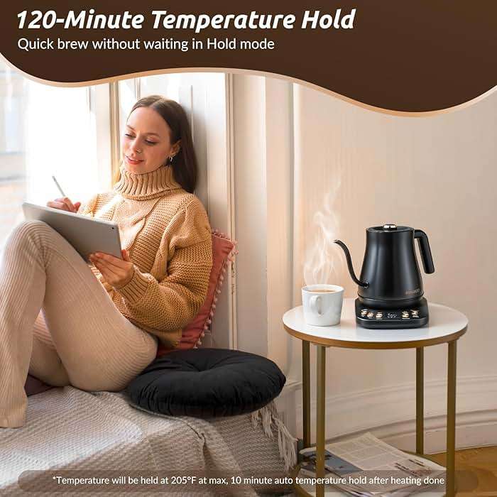 RONGBEST Electric Gooseneck Kettle 1L, 6 Temperature Control Presets, 1200W Quick Heating Water Pour Over Coffee & Tea Pot with Auto Shut-off & Keep-warm, Stainless Steel Inner & Lid, Matte Black - Image 4
