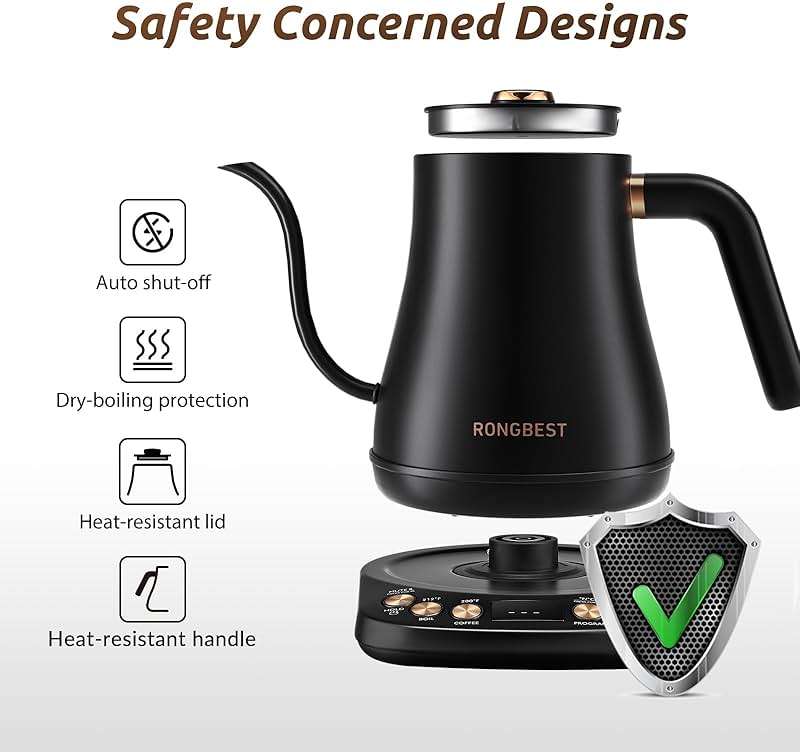 RONGBEST Electric Gooseneck Kettle 1L, 6 Temperature Control Presets, 1200W Quick Heating Water Pour Over Coffee & Tea Pot with Auto Shut-off & Keep-warm, Stainless Steel Inner & Lid, Matte Black - Image 6