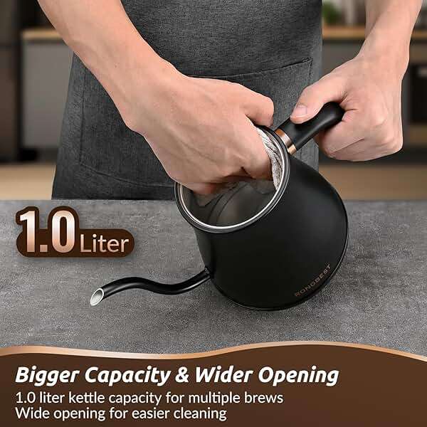 RONGBEST Electric Gooseneck Kettle 1L, 6 Temperature Control Presets, 1200W Quick Heating Water Pour Over Coffee & Tea Pot with Auto Shut-off & Keep-warm, Stainless Steel Inner & Lid, Matte Black - Image 7
