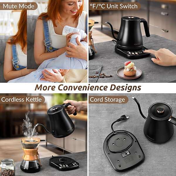 RONGBEST Electric Gooseneck Kettle 1L, 6 Temperature Control Presets, 1200W Quick Heating Water Pour Over Coffee & Tea Pot with Auto Shut-off & Keep-warm, Stainless Steel Inner & Lid, Matte Black - Image 8