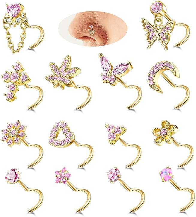Drperfect Gold Silver Nose Rings Nose Studs for Women Nose Piercings 20G L Shaped Corkscrew Dangle Nose Rings Studs Simulated Diamond Pink CZ Opal Dangling Dangly Hanging Nose Piercing Jewelry with Heart Star Butterfly Flower Cross Moon Charm Cute Dainty Nose Jewelry - Image 1