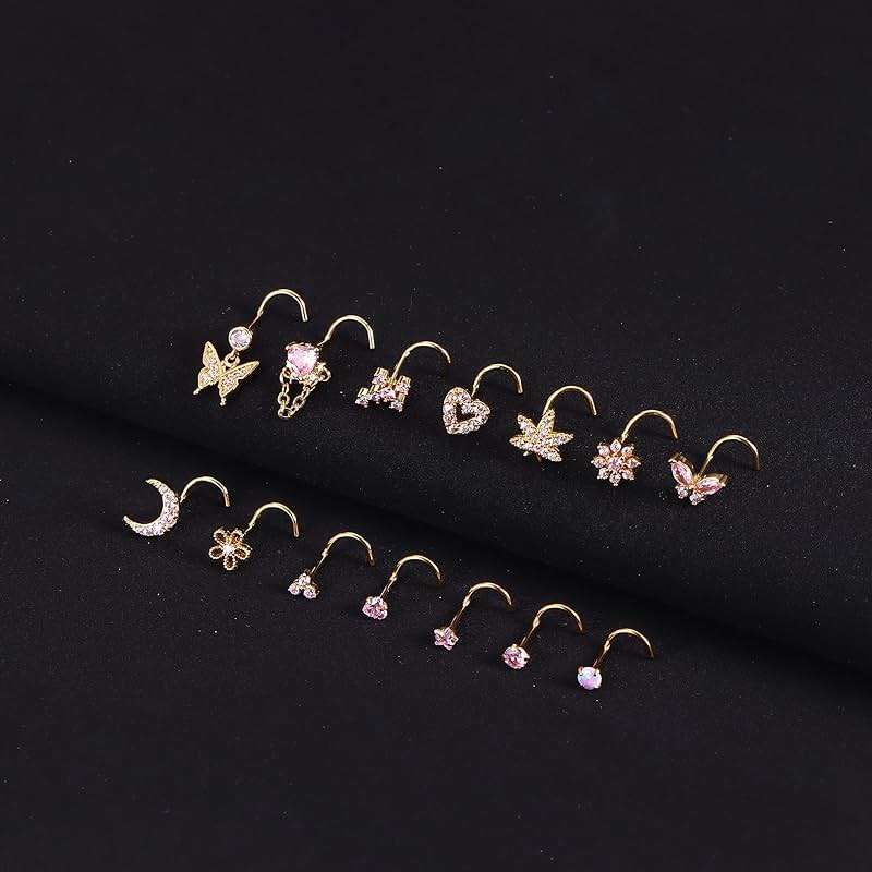 Drperfect Gold Silver Nose Rings Nose Studs for Women Nose Piercings 20G L Shaped Corkscrew Dangle Nose Rings Studs Simulated Diamond Pink CZ Opal Dangling Dangly Hanging Nose Piercing Jewelry with Heart Star Butterfly Flower Cross Moon Charm Cute Dainty Nose Jewelry - Image 2
