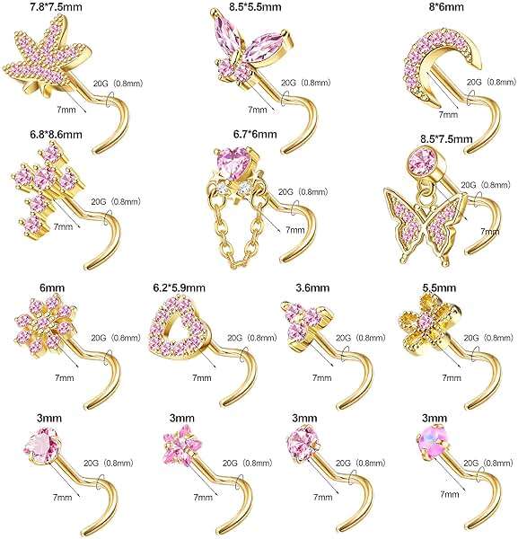 Drperfect Gold Silver Nose Rings Nose Studs for Women Nose Piercings 20G L Shaped Corkscrew Dangle Nose Rings Studs Simulated Diamond Pink CZ Opal Dangling Dangly Hanging Nose Piercing Jewelry with Heart Star Butterfly Flower Cross Moon Charm Cute Dainty Nose Jewelry - Image 5