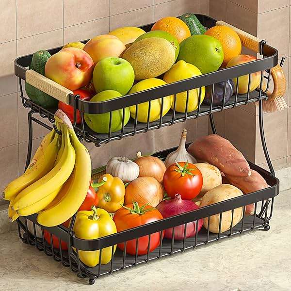 Sevenblue 2 Tier Large Fruit Basket for Kitchen Counter with 2 Mobile Banana Hangers, 2026 Pro Detachable Metal Fruit Bowl with Wooden Handle, Fruit Holder for Bread Snack Veggies with Protective Mats - Image 1