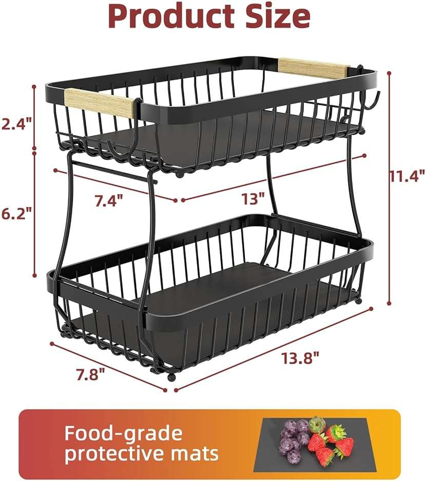 Sevenblue 2 Tier Large Fruit Basket for Kitchen Counter with 2 Mobile Banana Hangers, 2026 Pro Detachable Metal Fruit Bowl with Wooden Handle, Fruit Holder for Bread Snack Veggies with Protective Mats - Image 2