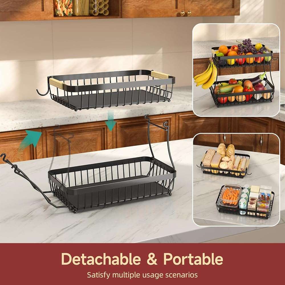 Sevenblue 2 Tier Large Fruit Basket for Kitchen Counter with 2 Mobile Banana Hangers, 2026 Pro Detachable Metal Fruit Bowl with Wooden Handle, Fruit Holder for Bread Snack Veggies with Protective Mats - Image 4