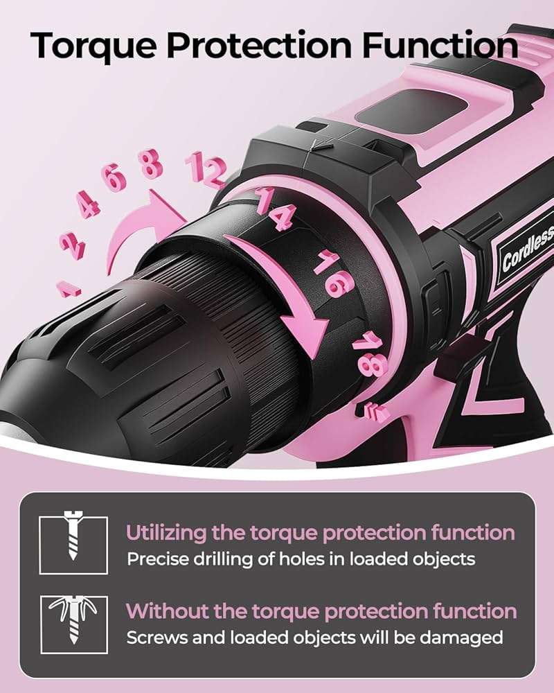 Pink Cordless Drill Set, Electric Power Drill for Women, Lightweight Electric Screwdriver Driver with Battery & Charger, 3/8" Keyless Chuck, Womens Tool Kit for Home DIY Projects - Image 5