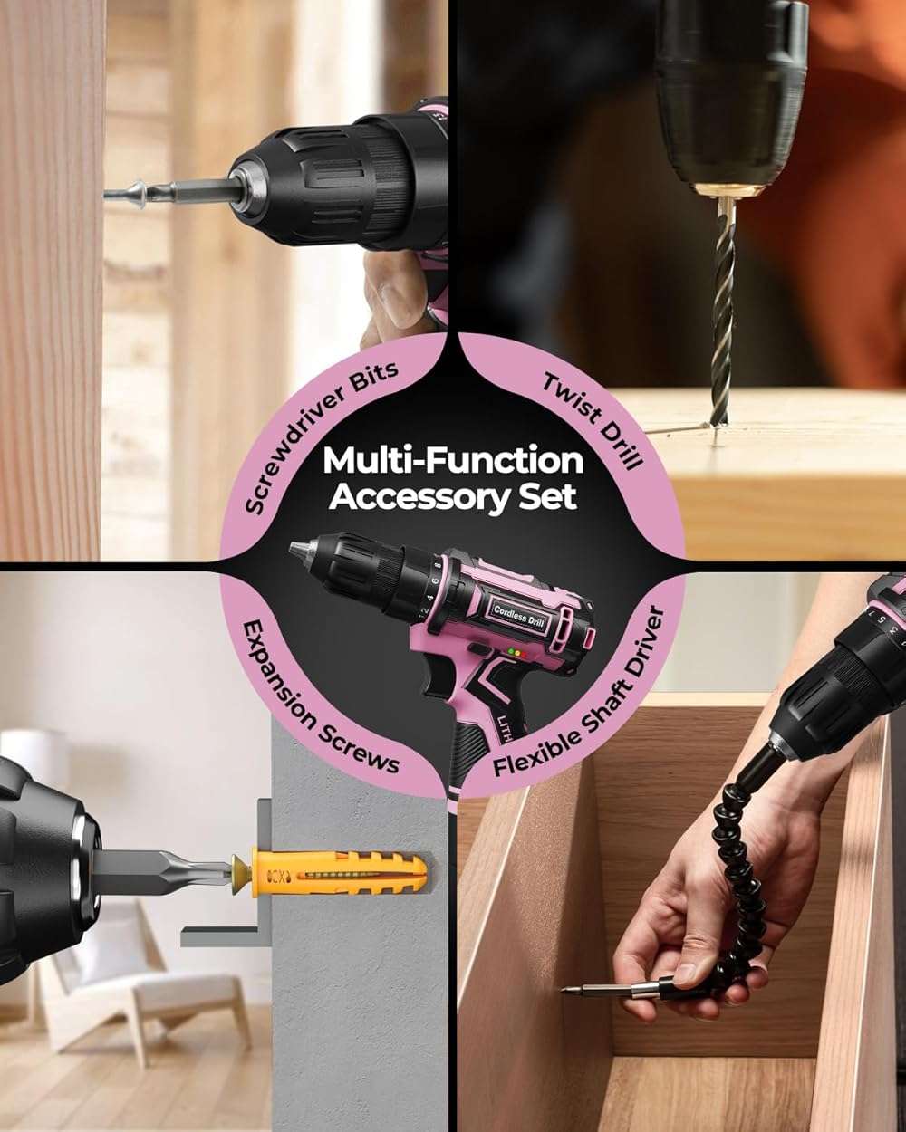 Pink Cordless Drill Set, Electric Power Drill for Women, Lightweight Electric Screwdriver Driver with Battery & Charger, 3/8" Keyless Chuck, Womens Tool Kit for Home DIY Projects - Image 7