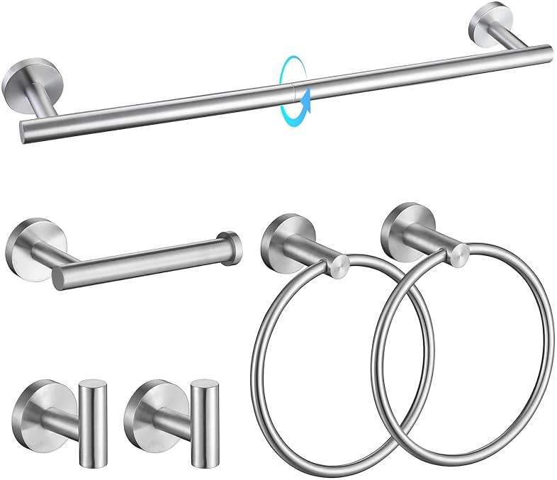 TQKAG Brushed Nickel Bathroom Hardware Set 6-Piece Bathroom Accessory Set 23.6 Inch Round Stainless Steel Towel Bar Set Wall Mounted - Image 1