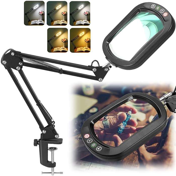 IVMAIE 12X Magnifying Glass with Light, Rectangle Real Glass, 5 Color Modes Stepless Dimmable Magnifier with Stand, LED Lighted Clamp Desk Lamp with Swing Arm, Hands Free for Reading Crafts Close Work - Image 1