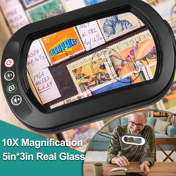 IVMAIE 12X Magnifying Glass with Light, Rectangle Real Glass, 5 Color Modes Stepless Dimmable Magnifier with Stand, LED Lighted Clamp Desk Lamp with Swing Arm, Hands Free for Reading Crafts Close Work - Image 2