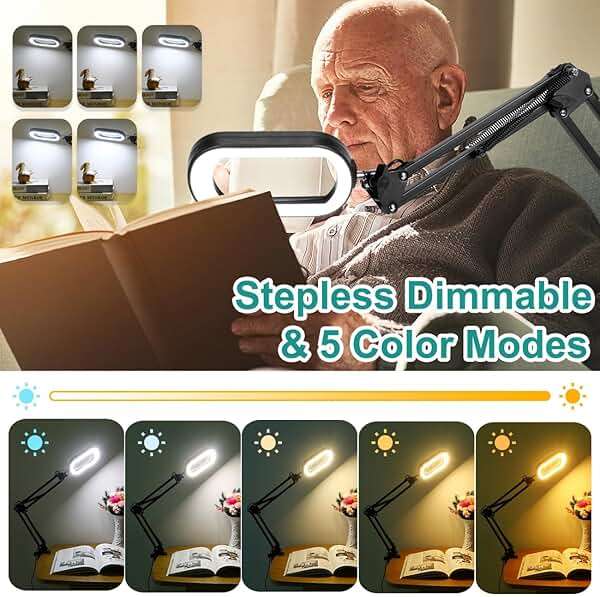 IVMAIE 12X Magnifying Glass with Light, Rectangle Real Glass, 5 Color Modes Stepless Dimmable Magnifier with Stand, LED Lighted Clamp Desk Lamp with Swing Arm, Hands Free for Reading Crafts Close Work - Image 3