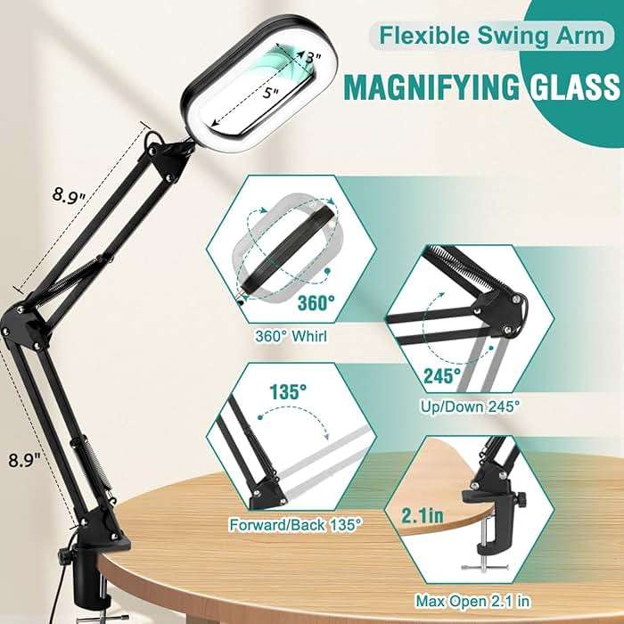 IVMAIE 12X Magnifying Glass with Light, Rectangle Real Glass, 5 Color Modes Stepless Dimmable Magnifier with Stand, LED Lighted Clamp Desk Lamp with Swing Arm, Hands Free for Reading Crafts Close Work - Image 6