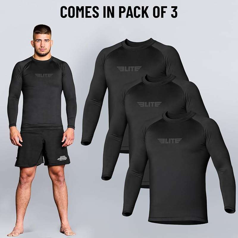 Elite Sports Men's Jiu Jitsu BJJ Rash Guard, Long Full Sleeve Compression Shirt for Sports Nogi Training - Image 3