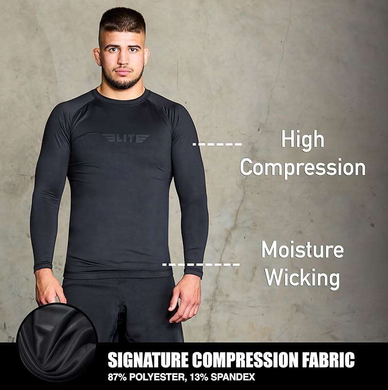 Elite Sports Men's Jiu Jitsu BJJ Rash Guard, Long Full Sleeve Compression Shirt for Sports Nogi Training - Image 4