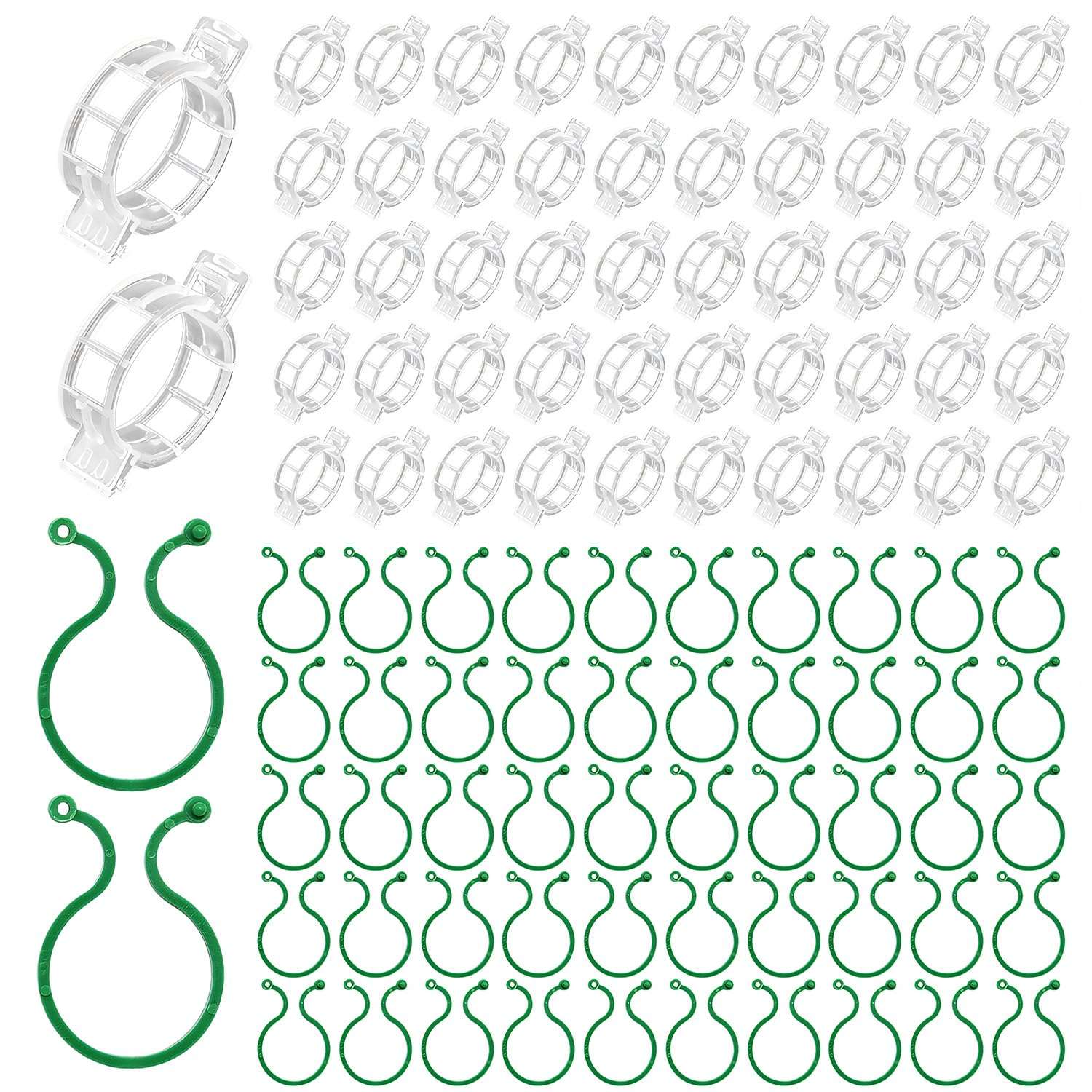 QHYCWIN 200 Pcs Plant Support Clips, 2 Types in 1 Pack, Plastic Garden Clips for Tomato, Grape, Cucumber, Vine Plants, Reusable Plant Clips for Climbing Plants (Green White) - Image 1