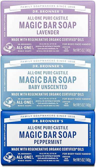 Dr. Bronner's Pure-Castile Magic Bar Soap- Made with Regenerative Organic Certified Oils- For Face, Body, Hair, Vegan Soap Bars for Men & Women- Variety 3-Pack, Peppermint Lavender, Unscented - Image 1