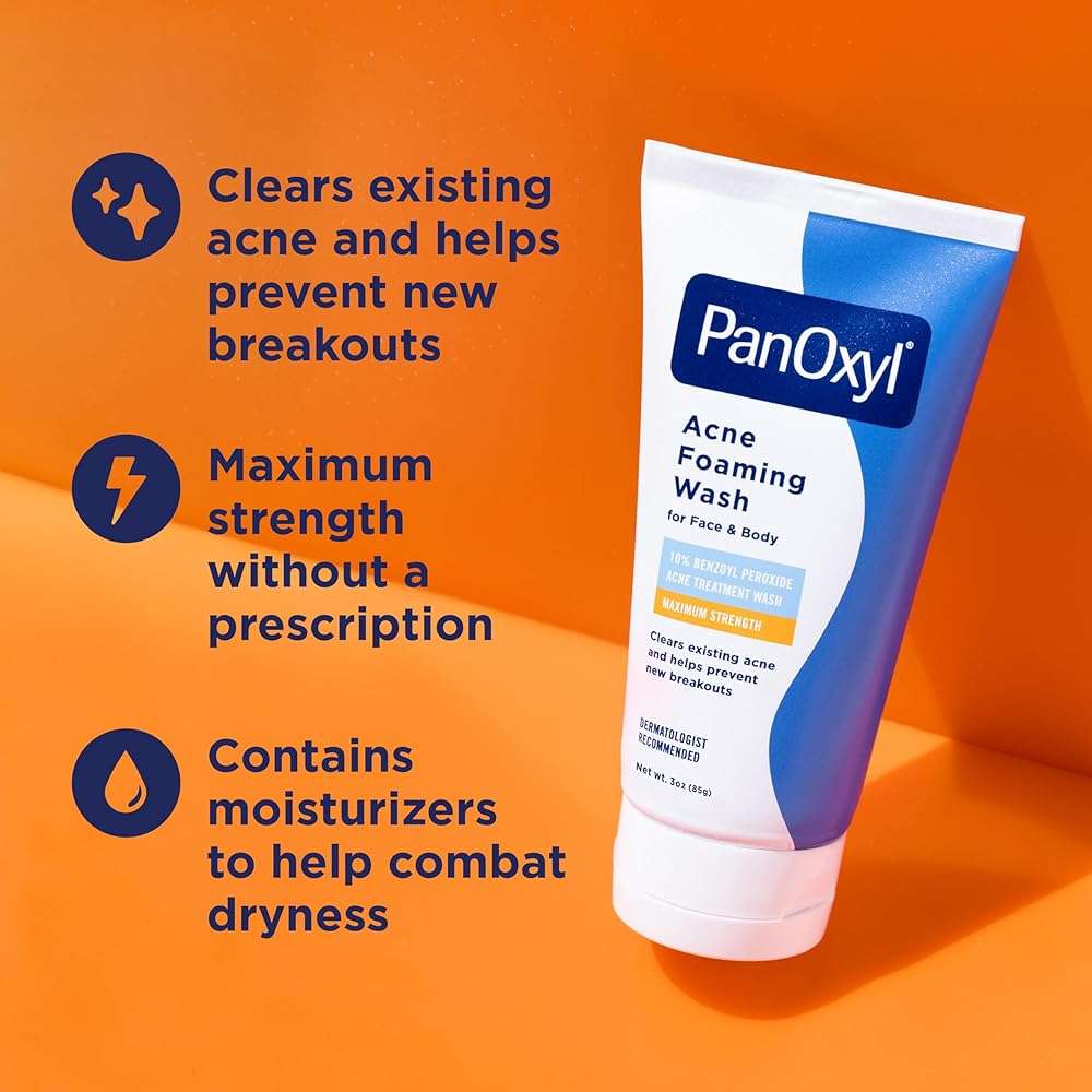 PanOxyl Acne Foaming Wash for face & body Benzoyl Peroxide 10% Maximum Strength Antimicrobial, 3 oz. - Travel Size - Image 2