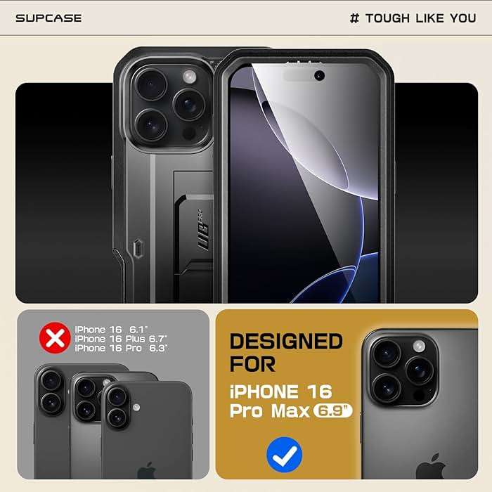 SUPCASE for iPhone 16 Pro Max Case with Screen Protector (Unicorn Beetle Pro), [Built-in Stand & Belt-Clip] [Military-Grade Protection] Full Body Heavy Duty Phone Case, Black - Image 2